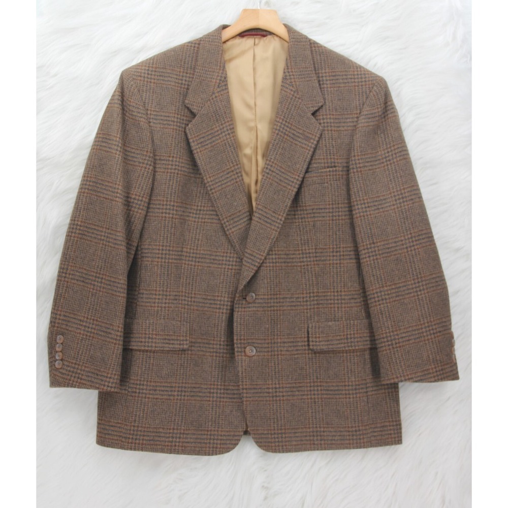 Vintage Hart Schaffner Marx Mens 46 R Brown Check Virgin Wool 2 Button Blazer